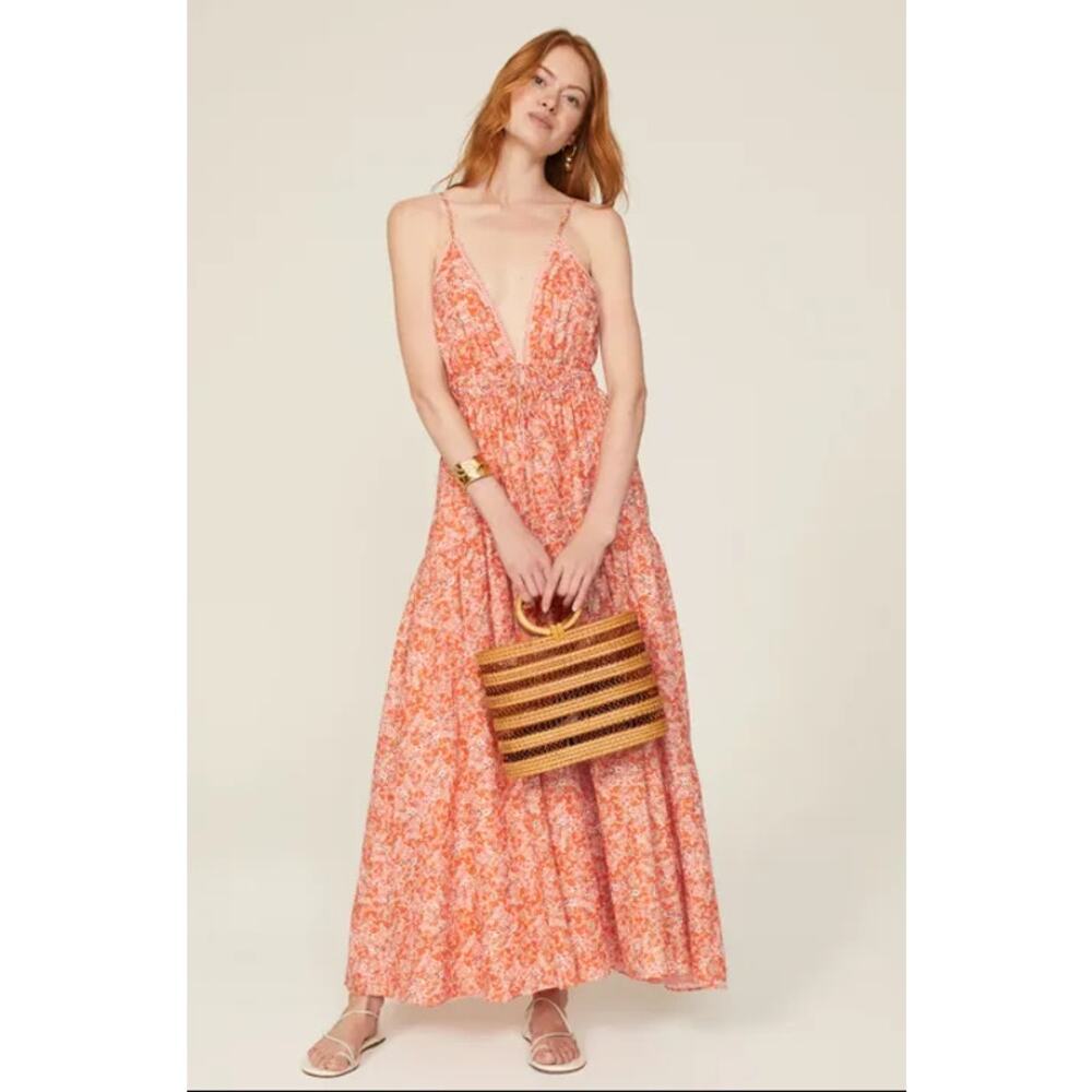 KIVARI Ines Maxi Dress Coral Orange Floral Boho Strappy Sun Dress Size 10 $249